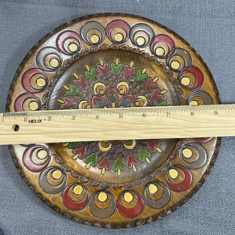 Vtg Polish Folk Art Wooden 9½” Hand Carved/Painted Plate w/Polish Product Detail